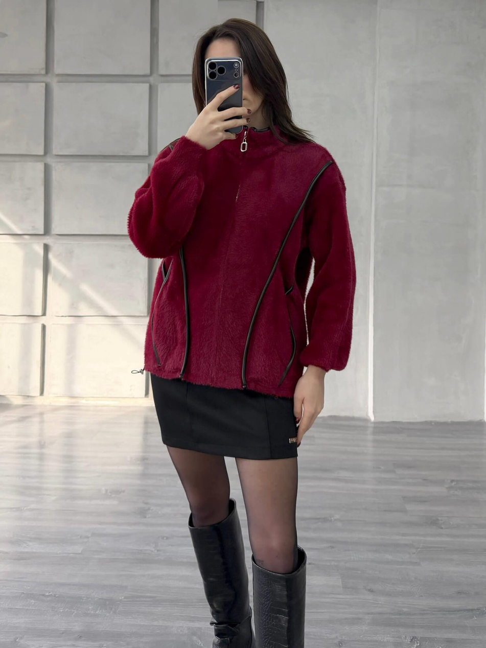 Deri Detaylı Fermuarlı Yumoş Hırka 140206 BordoCoral