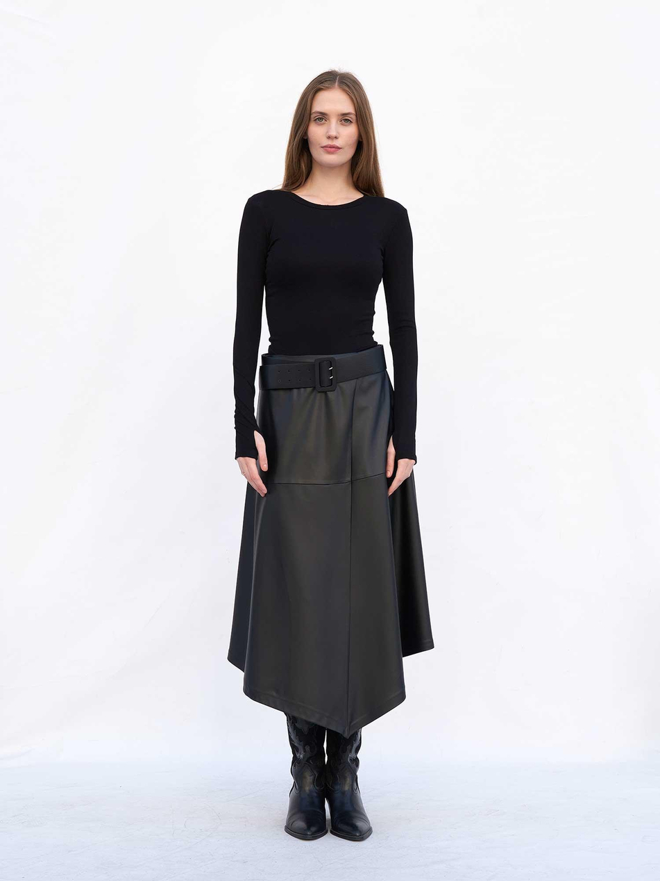 Deri Geniş Kemerli Midi Etek 041259 Soft SiyahCoral