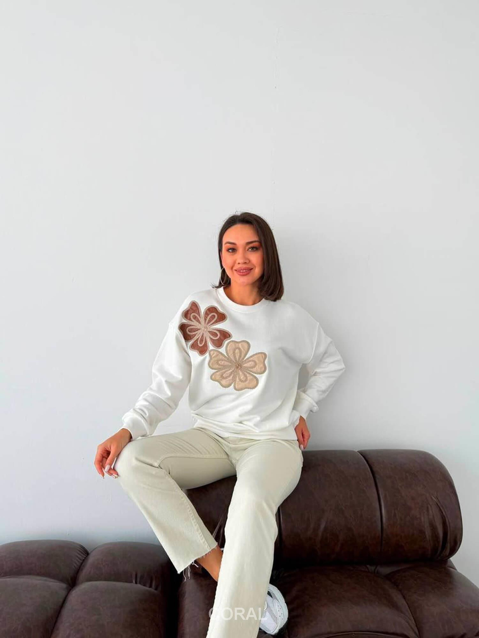 Derili Çiçek Nakışlı Sweatshirt 5920 EkruCoral