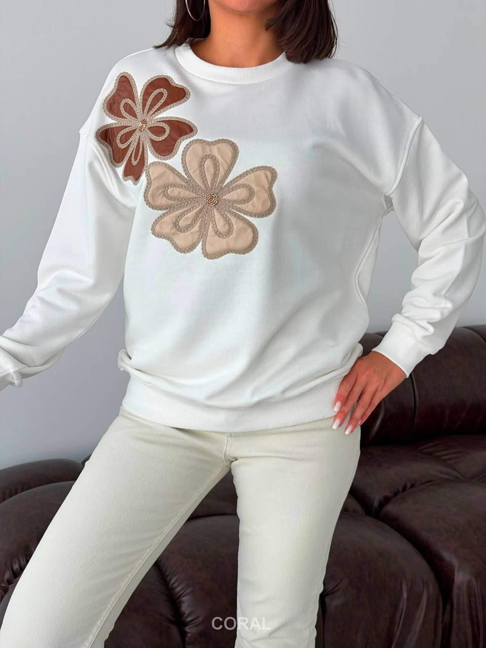 Derili Çiçek Nakışlı Sweatshirt 5920 EkruCoral