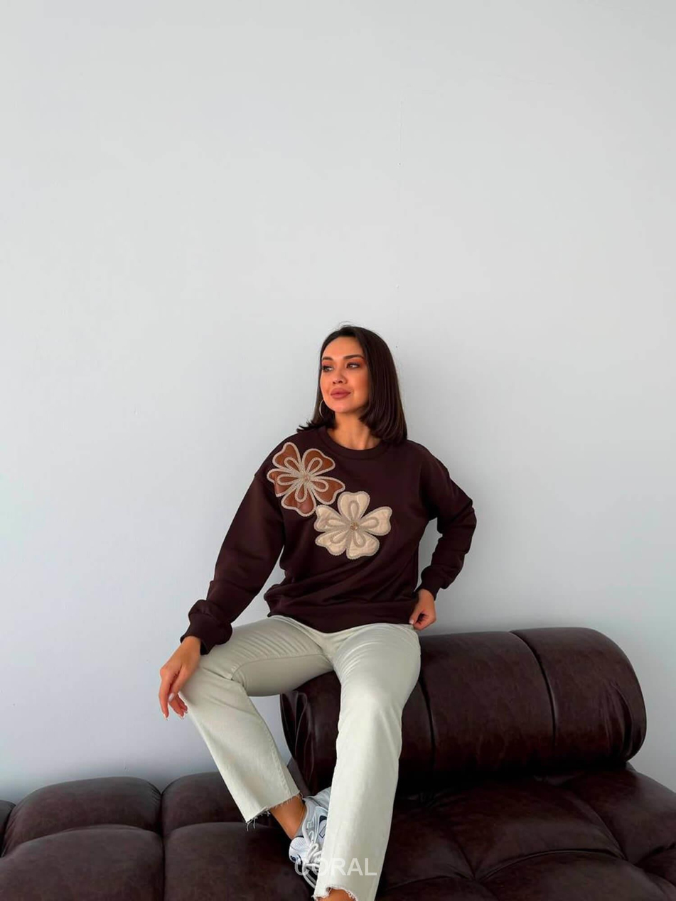 Derili Çiçek Nakışlı Sweatshirt 5920 KahveCoral