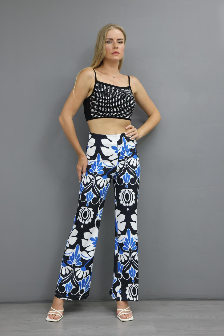 Desenli Cepsiz Pantolon Lacivert-Coral