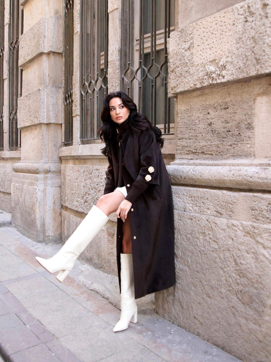 Desenli Düğme Detaylı Kaban 7958 Koyu KahveCoral