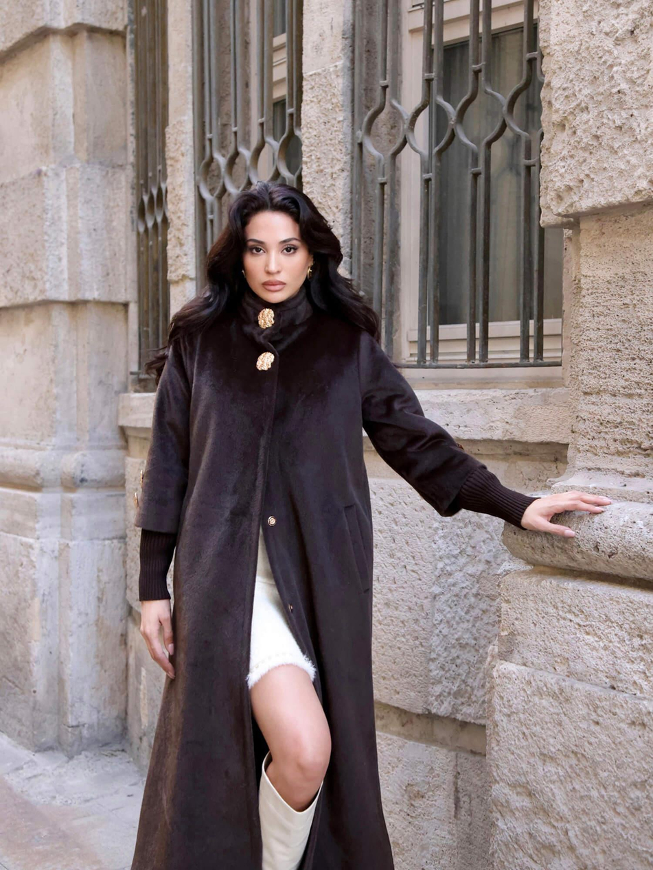 Desenli Düğme Detaylı Kaban 7958 Koyu KahveCoral