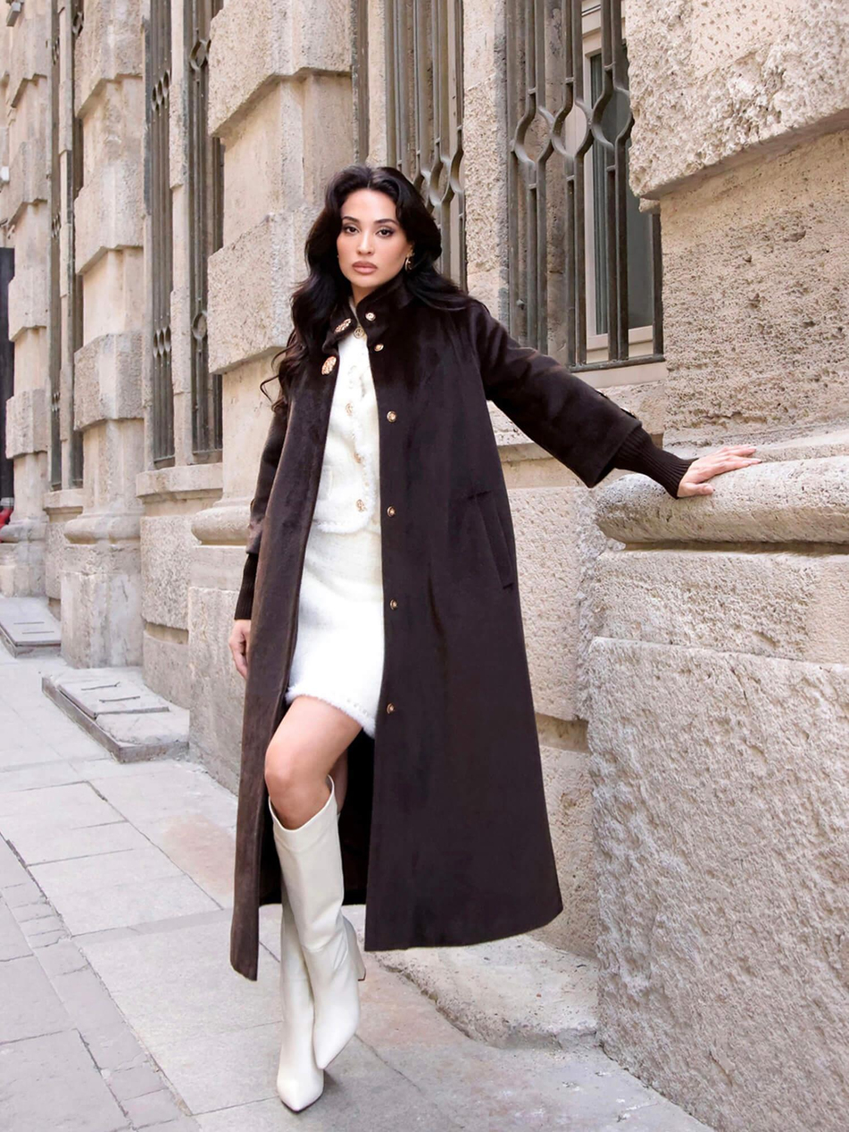 Desenli Düğme Detaylı Kaban 7958 Koyu KahveCoral