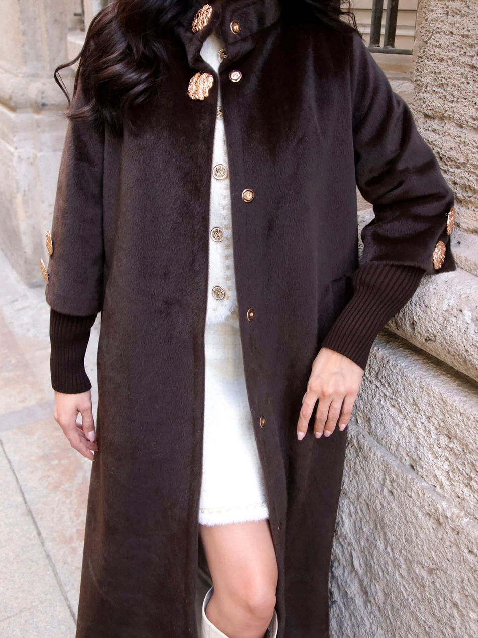 Desenli Düğme Detaylı Kaban 7958 Koyu KahveCoral