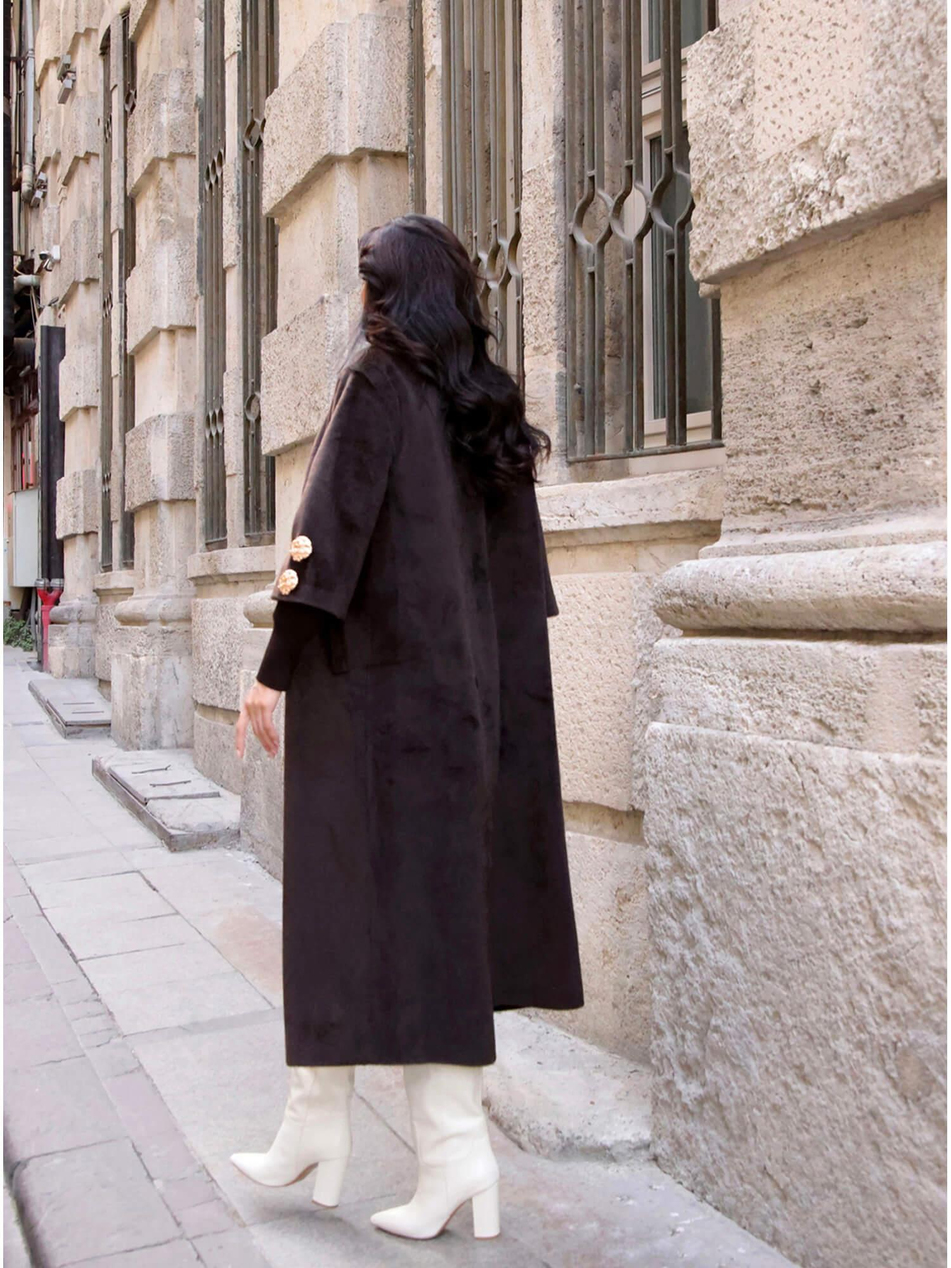 Desenli Düğme Detaylı Kaban 7958 Koyu KahveCoral