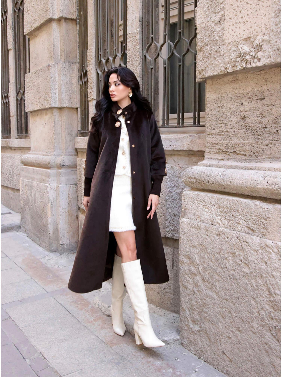 Desenli Düğme Detaylı Kaban 7958 Koyu Kahve