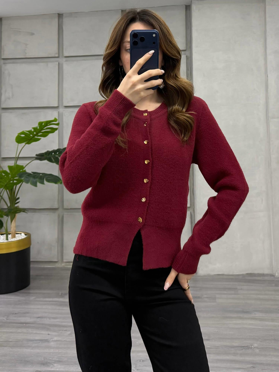 Desenli Düğmeli Yumuşak Hırka 7606 BordoCoral