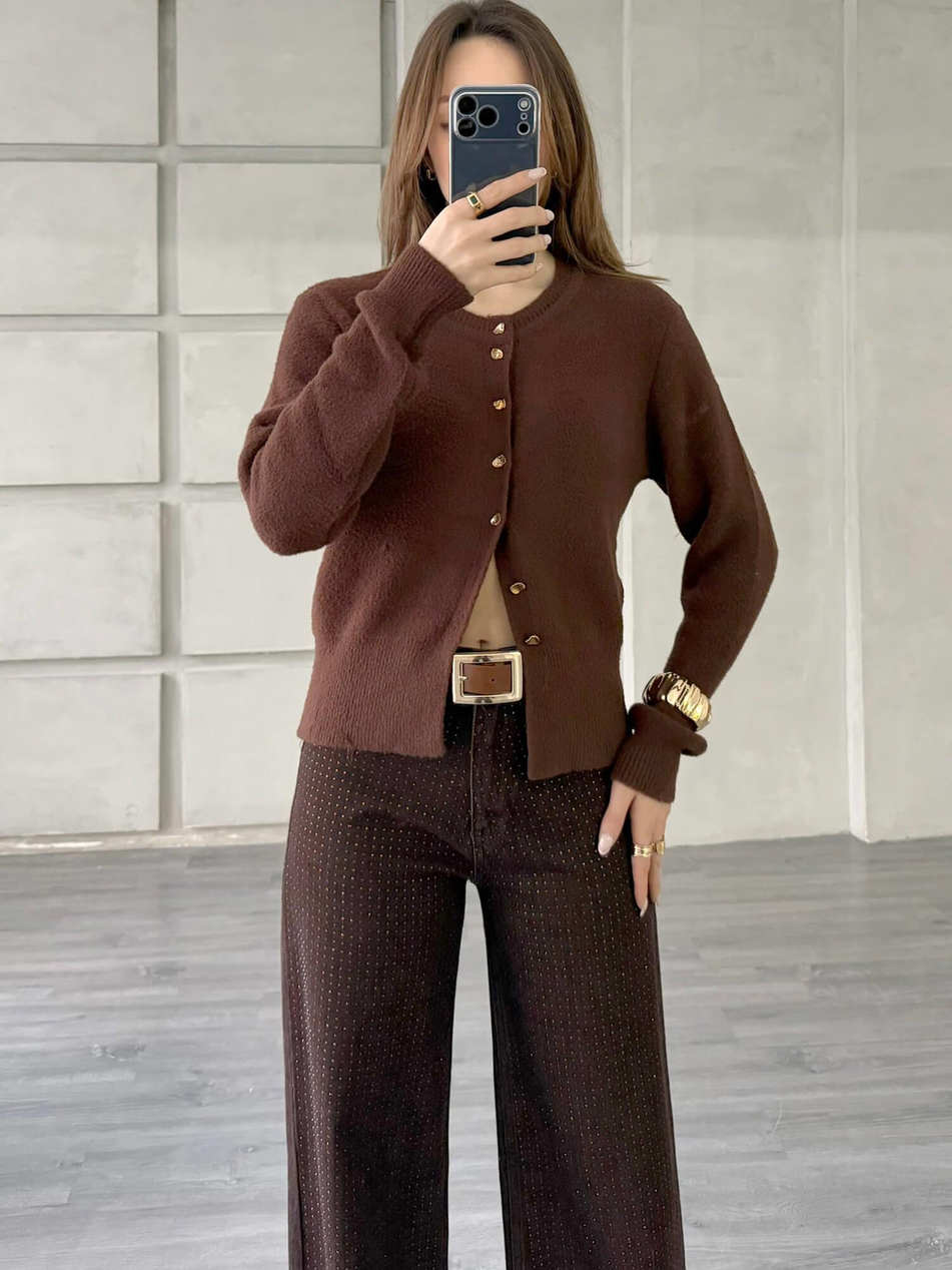 Desenli Düğmeli Yumuşak Hırka 7606 KahveCoral