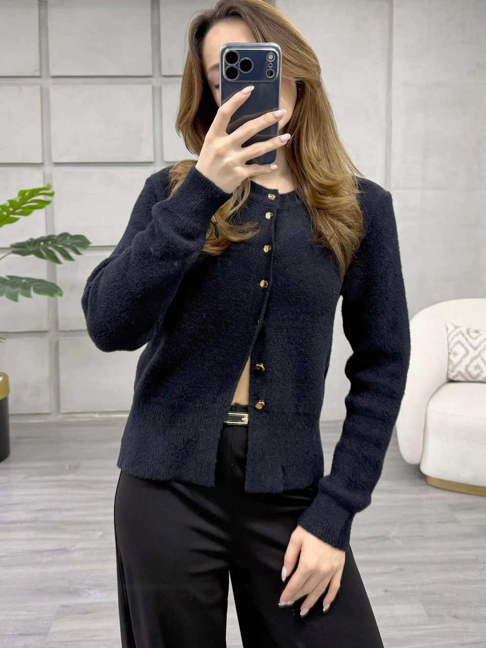 Desenli Düğmeli Yumuşak Hırka 7606 SiyahCoral