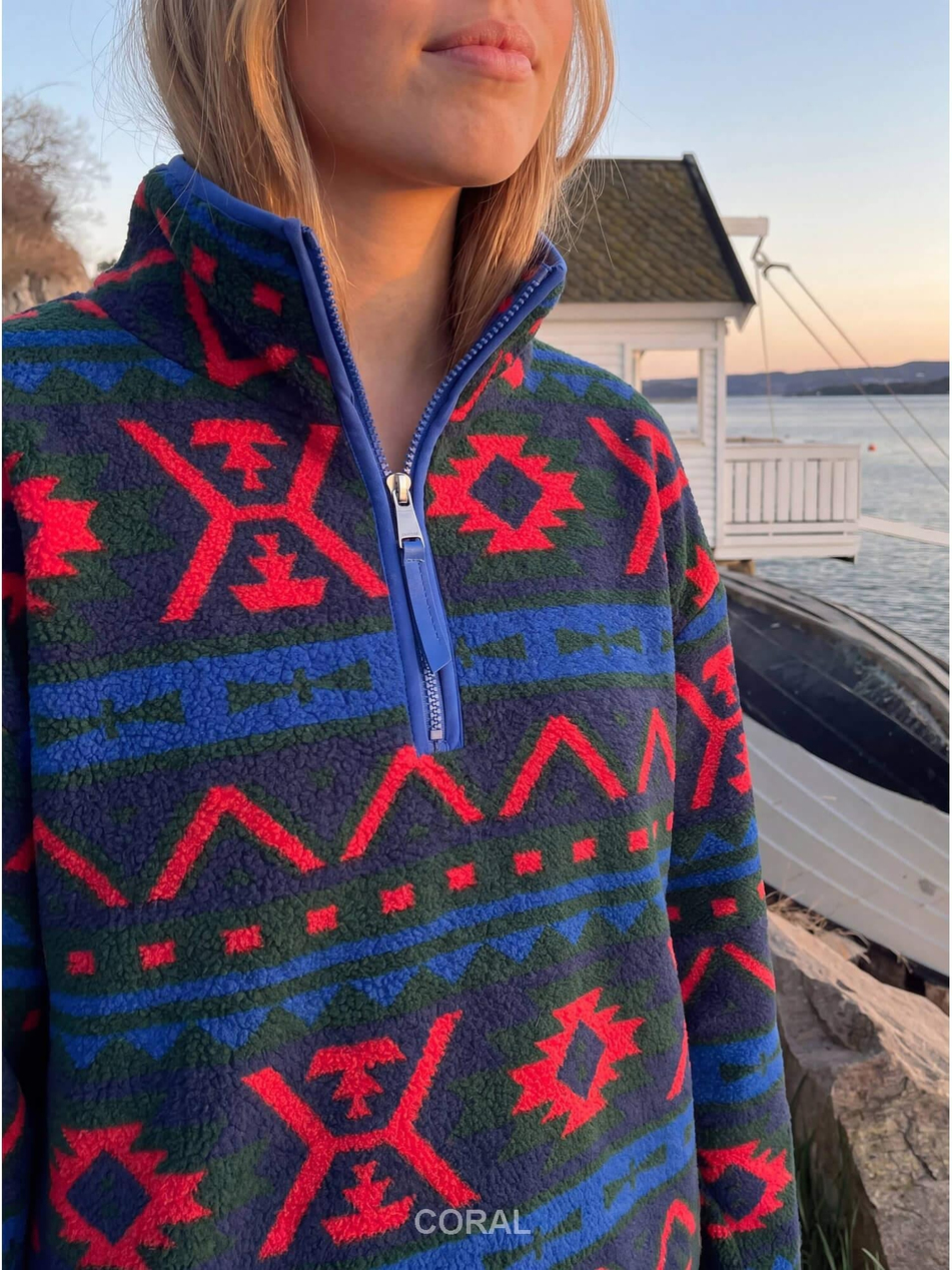 Desenli Fermuarlı Peluş Sweatshirt 6038 Mavi / KırmızıCoral