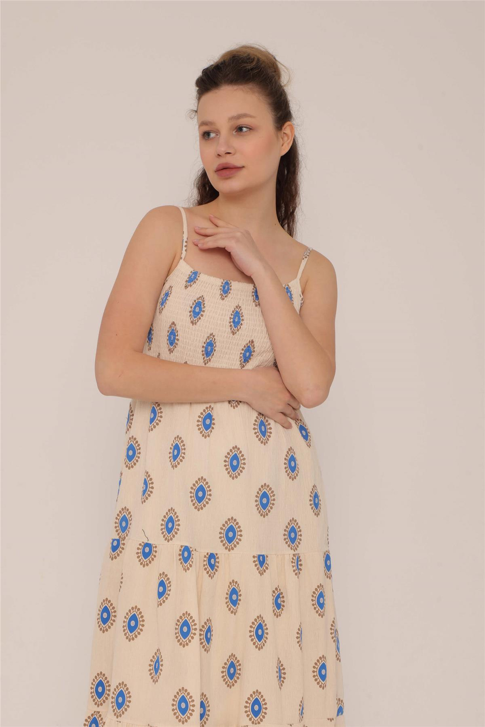 Desenli Gipeli Keten Elbise Camel - Saks Mavi-Coral
