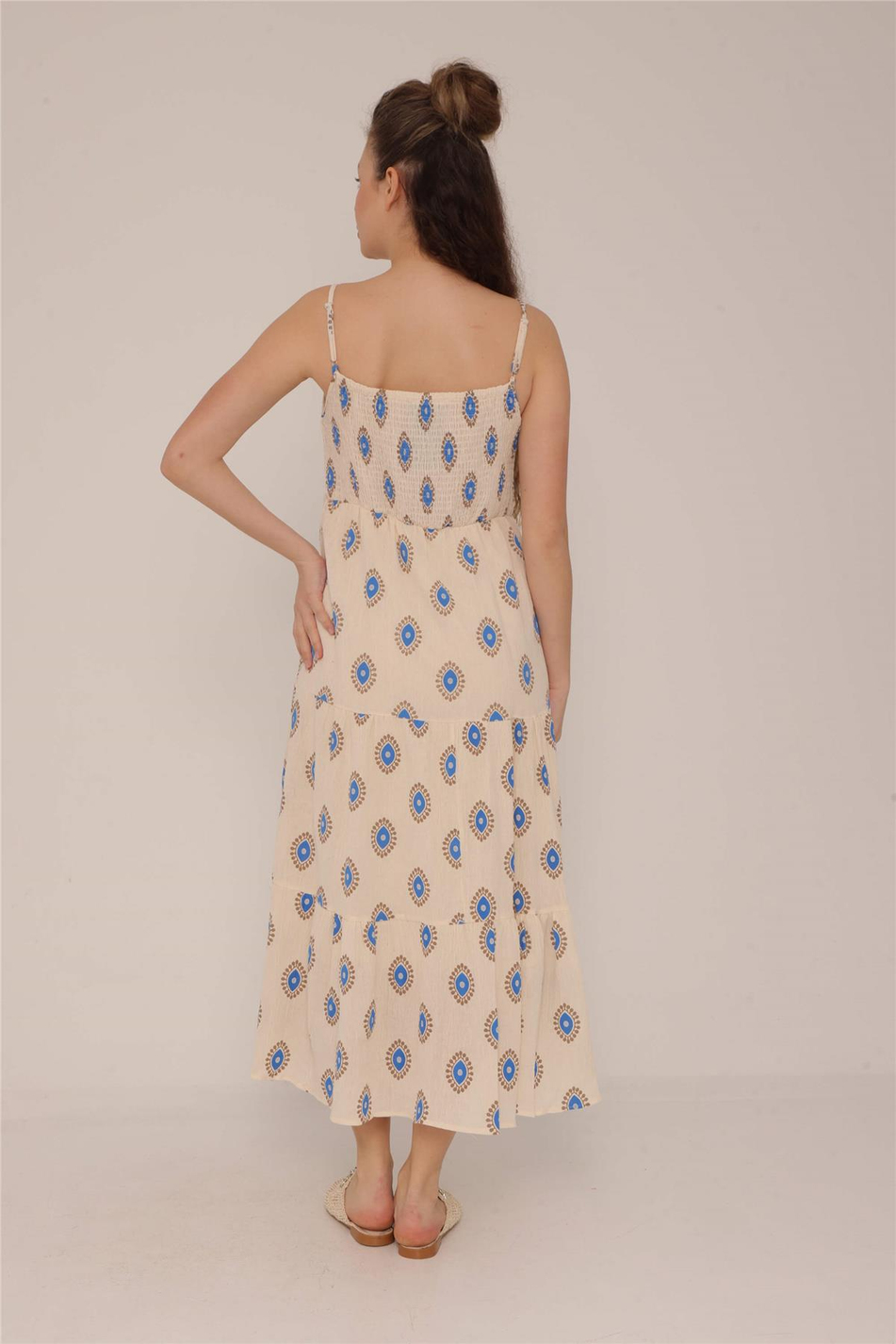 Desenli Gipeli Keten Elbise Camel - Saks Mavi-Coral