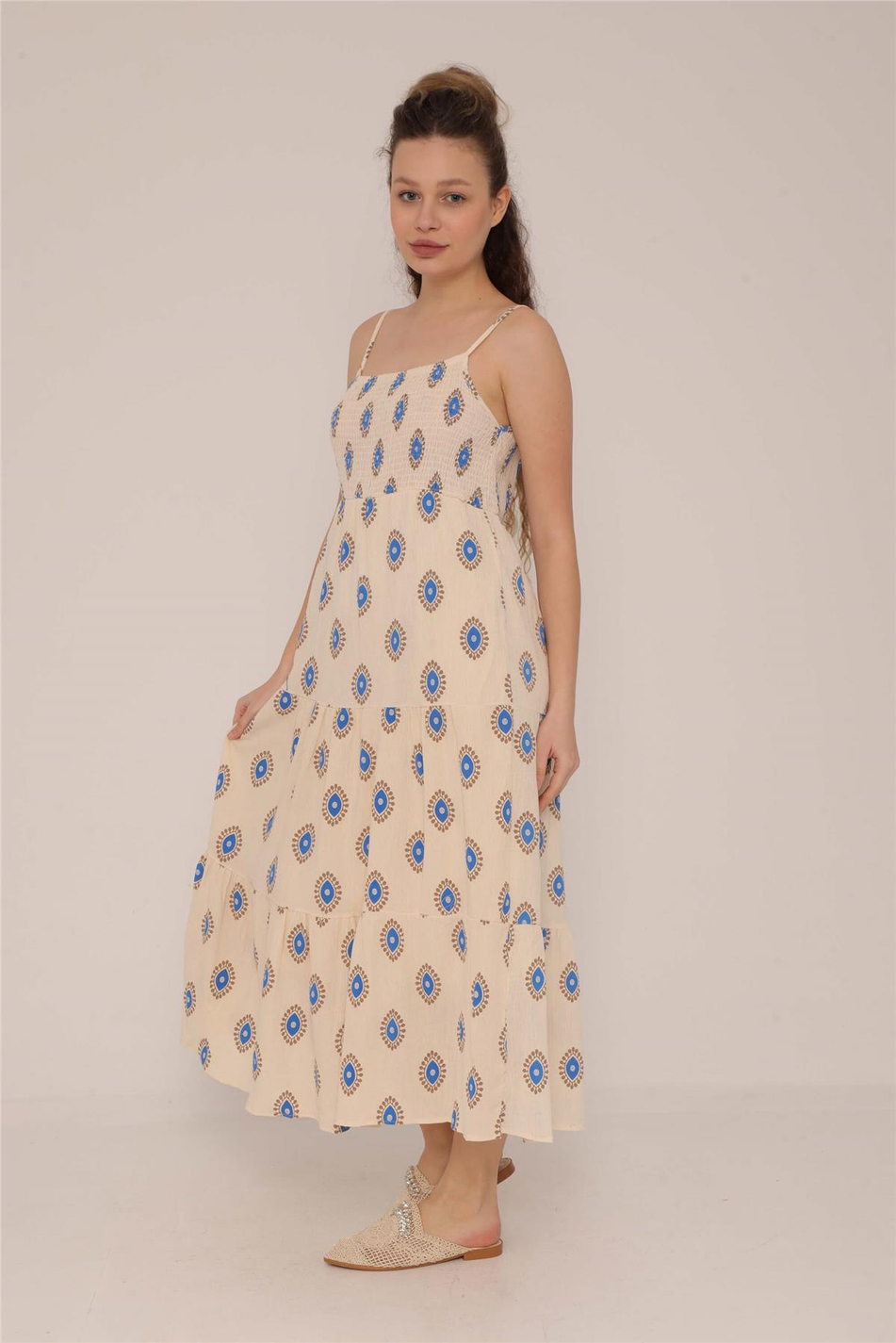 Desenli Gipeli Keten Elbise Camel - Saks Mavi-Coral
