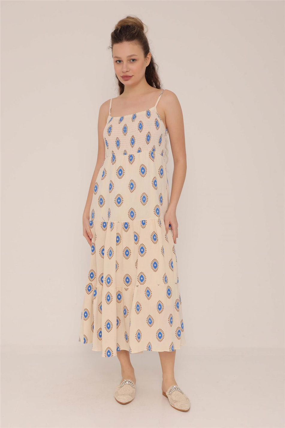 Desenli Gipeli Keten Elbise Camel - Saks Mavi-Coral