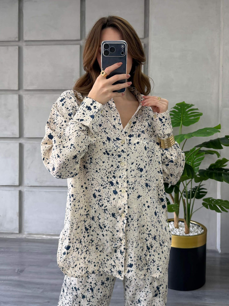 Desenli Gömlek Pantolon Takım 7121-1 Ekru - LacivertCoral