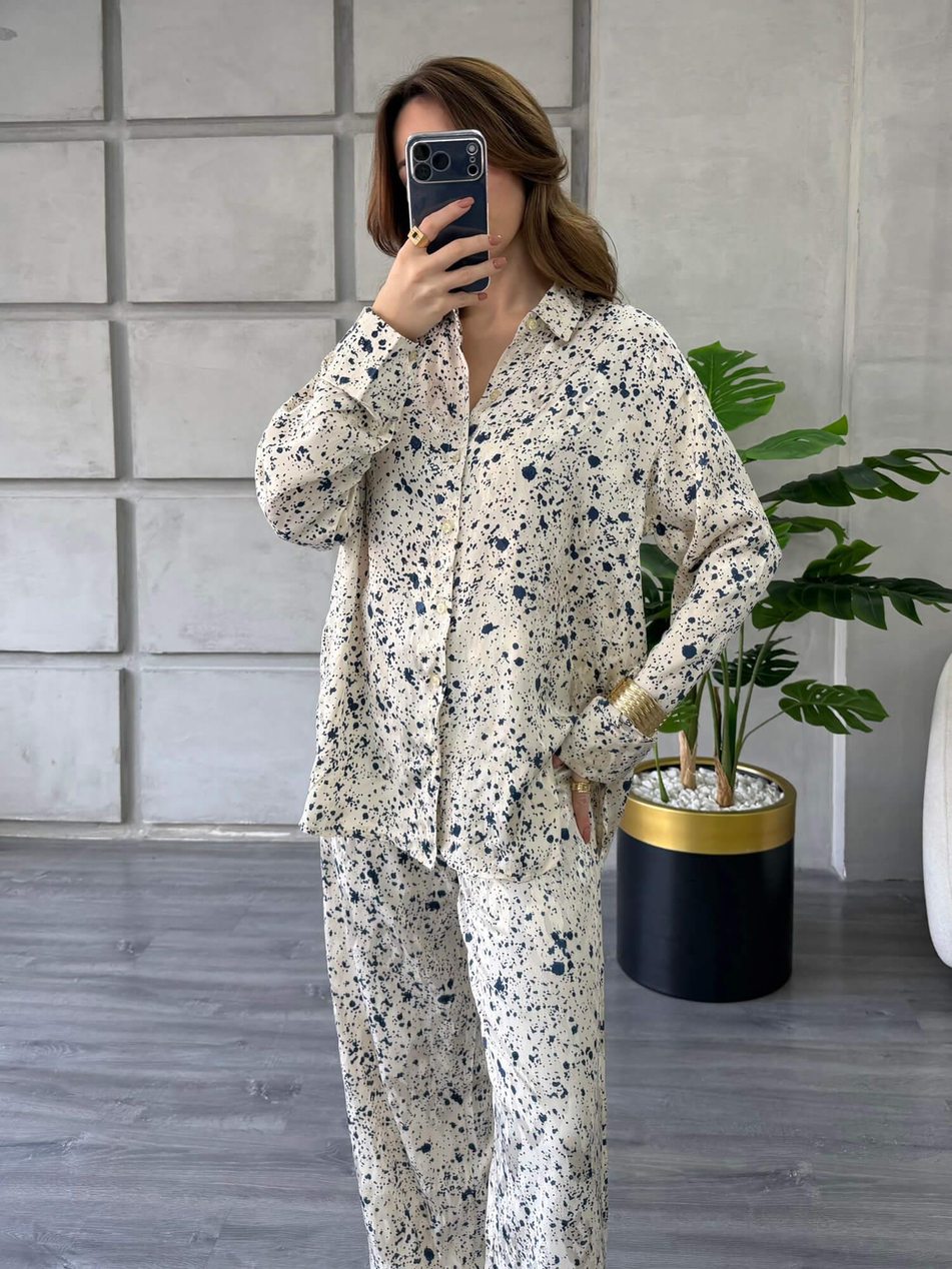 Desenli Gömlek Pantolon Takım 7121-1 Ekru - LacivertCoral