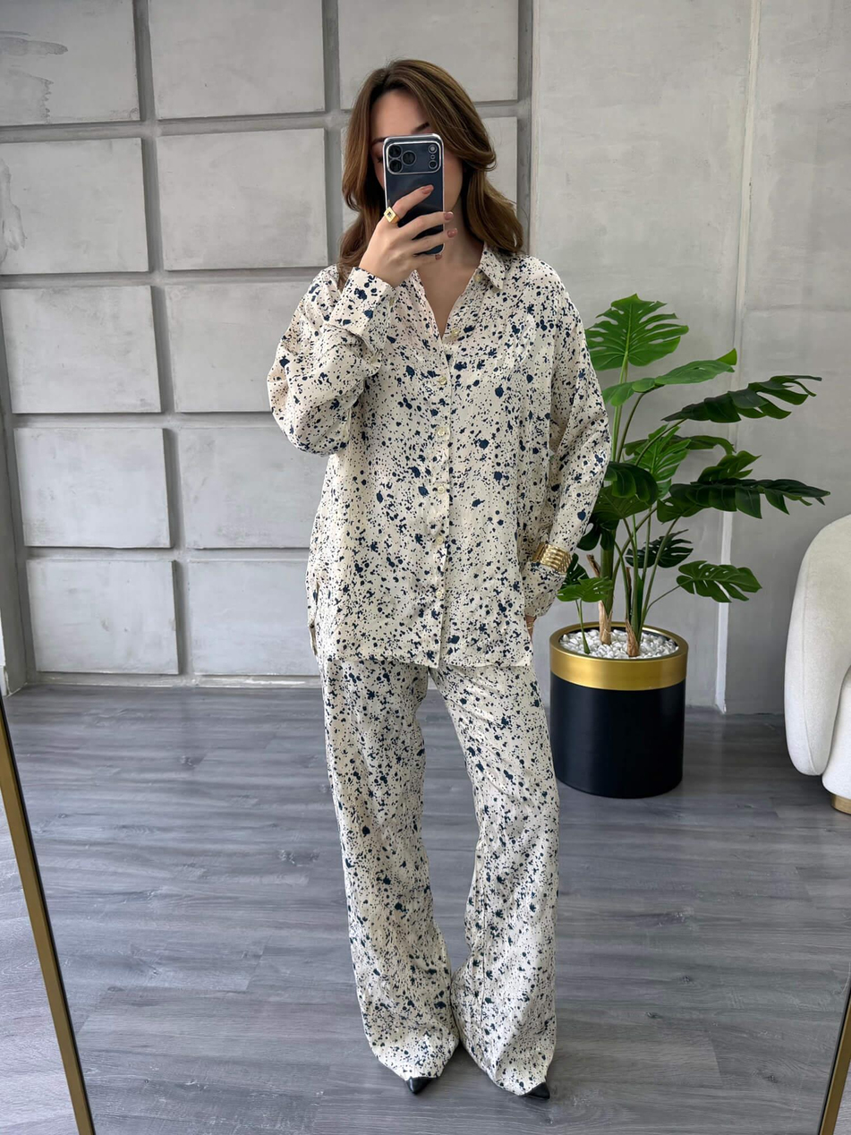 Desenli Gömlek Pantolon Takım 7121-1 Ekru - Lacivert