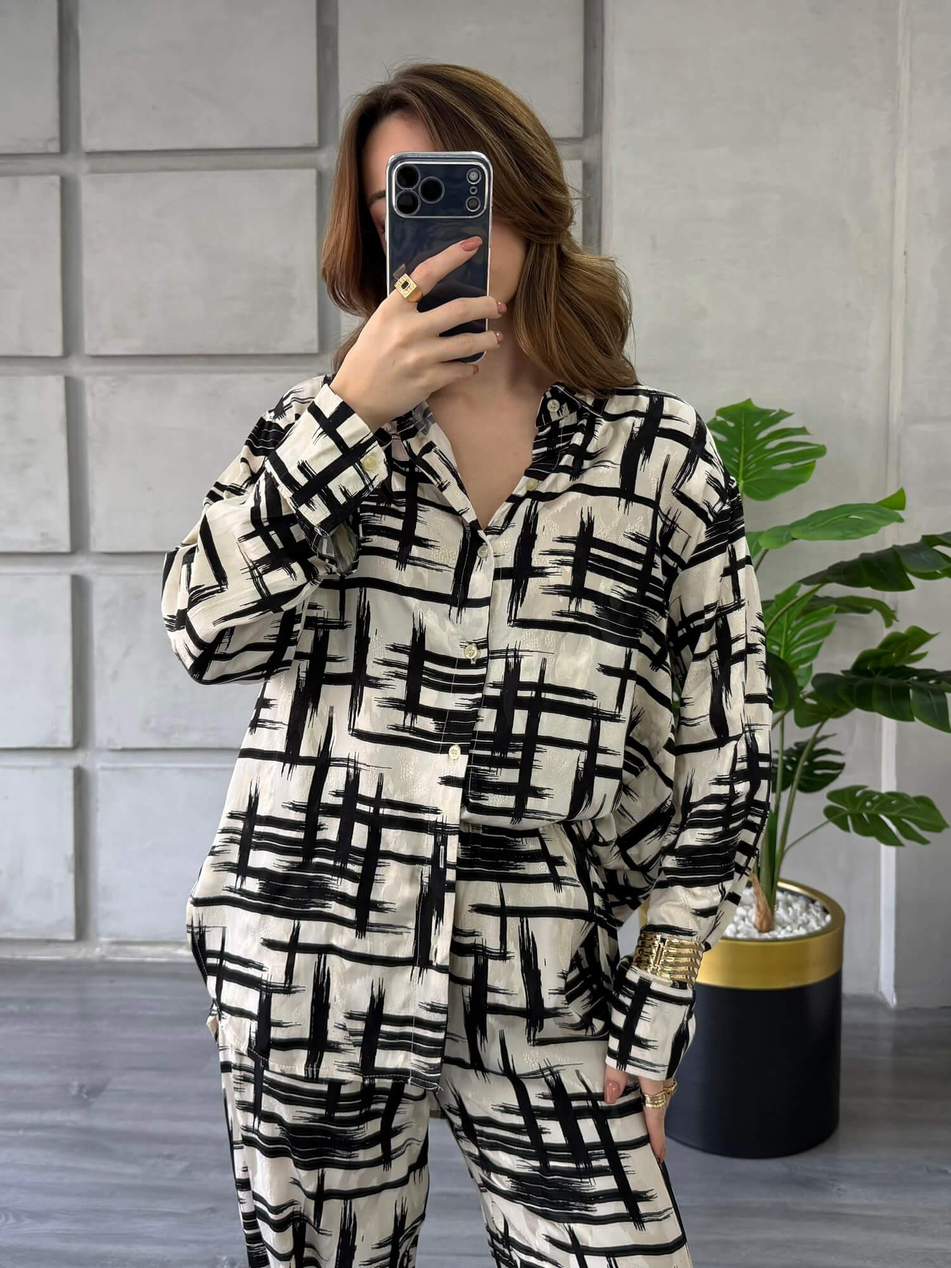 Desenli Gömlek Pantolon Takım 7121-1 Siyah ÇizgiliCoral