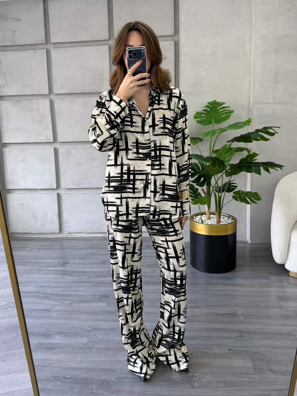 Desenli Gömlek Pantolon Takım 7121-1 Siyah Çizgili