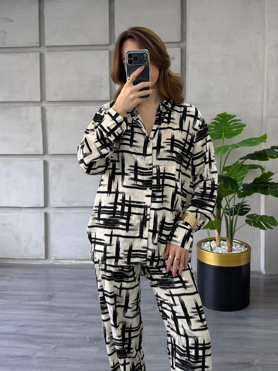 Desenli Gömlek Pantolon Takım 7121-1 Siyah ÇizgiliCoral