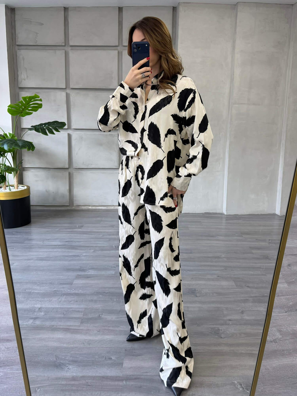 Desenli Gömlek Pantolon Takım 7121 Ekru - SiyahCoral