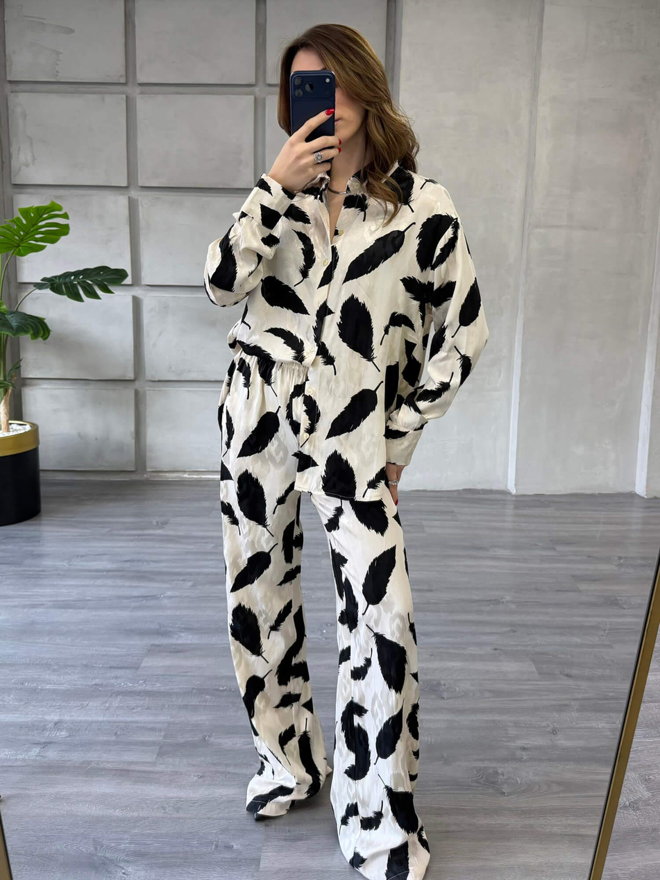 Desenli Gömlek Pantolon Takım 7121 Ekru - SiyahCoral