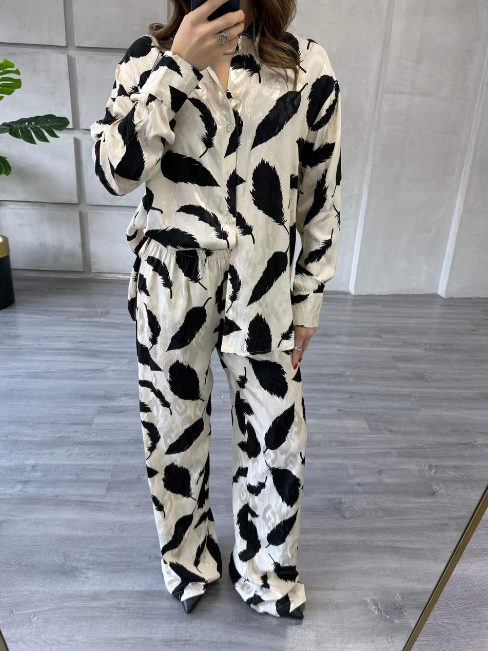 Desenli Gömlek Pantolon Takım 7121 Ekru - SiyahCoral