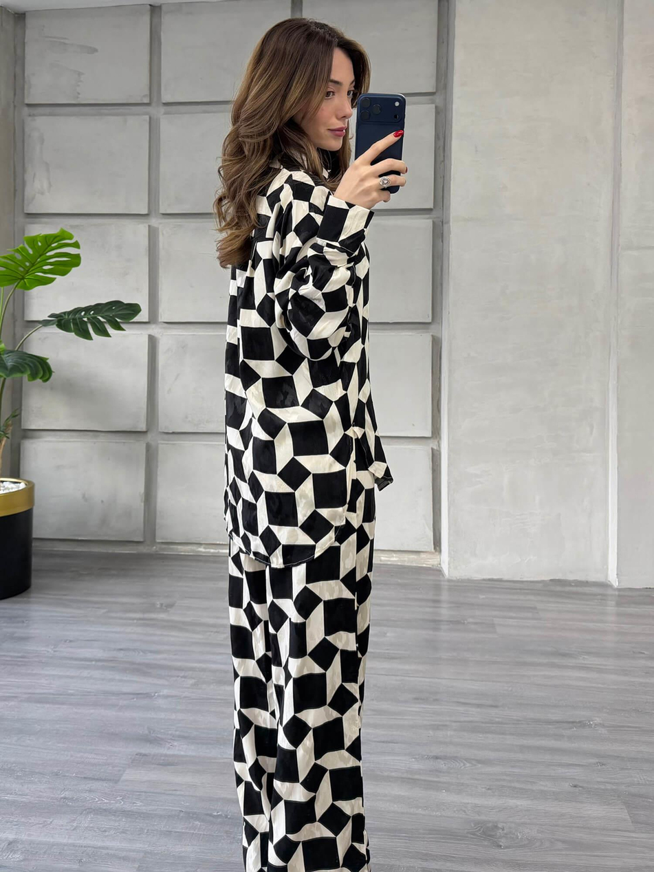 Desenli Gömlek Pantolon Takım 7121 Siyah - EkruCoral