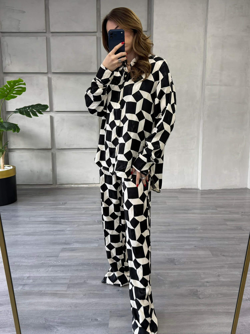 Desenli Gömlek Pantolon Takım 7121 Siyah - EkruCoral