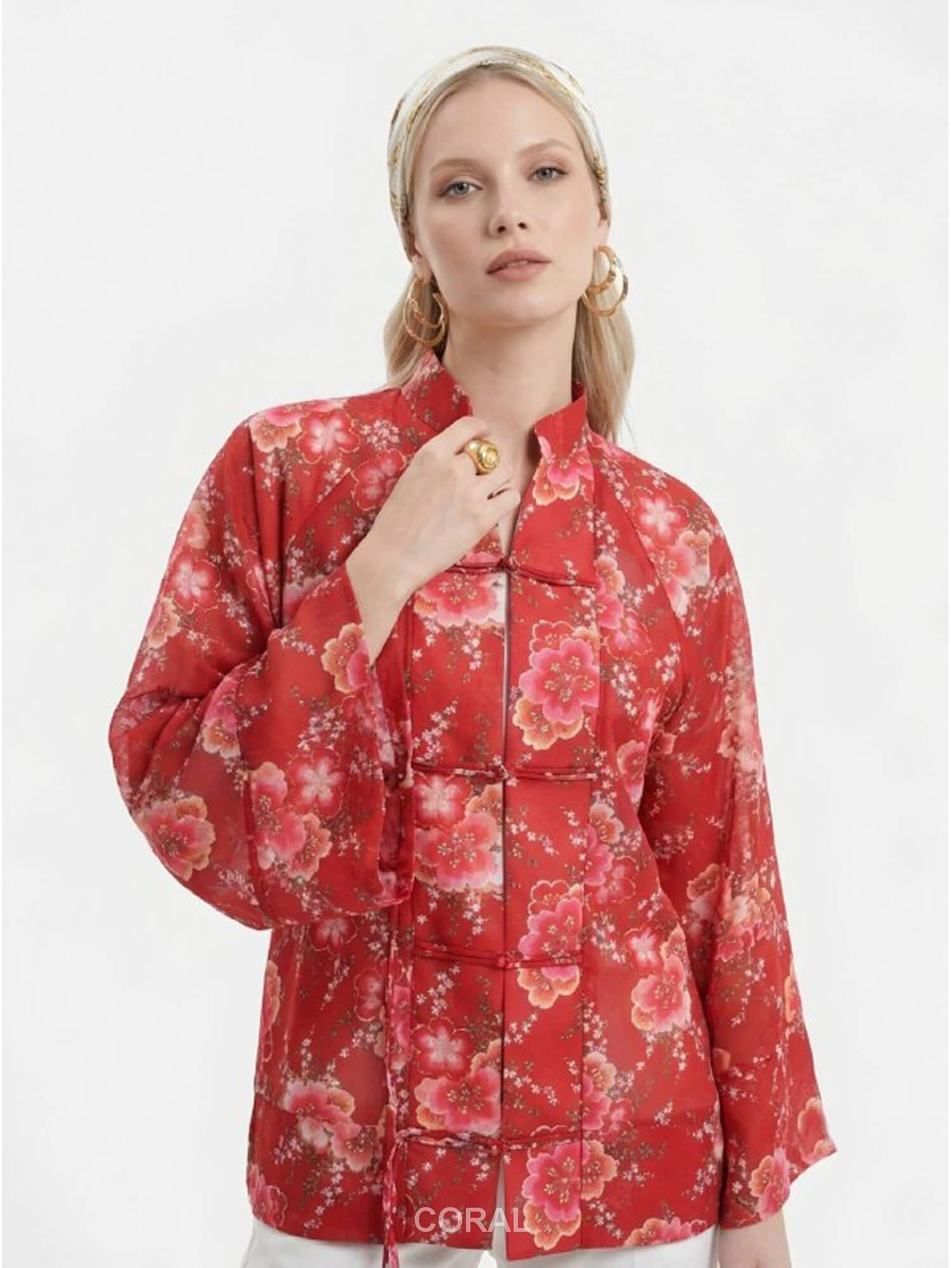 Desenli Kimono 7149 KırmızıCoral