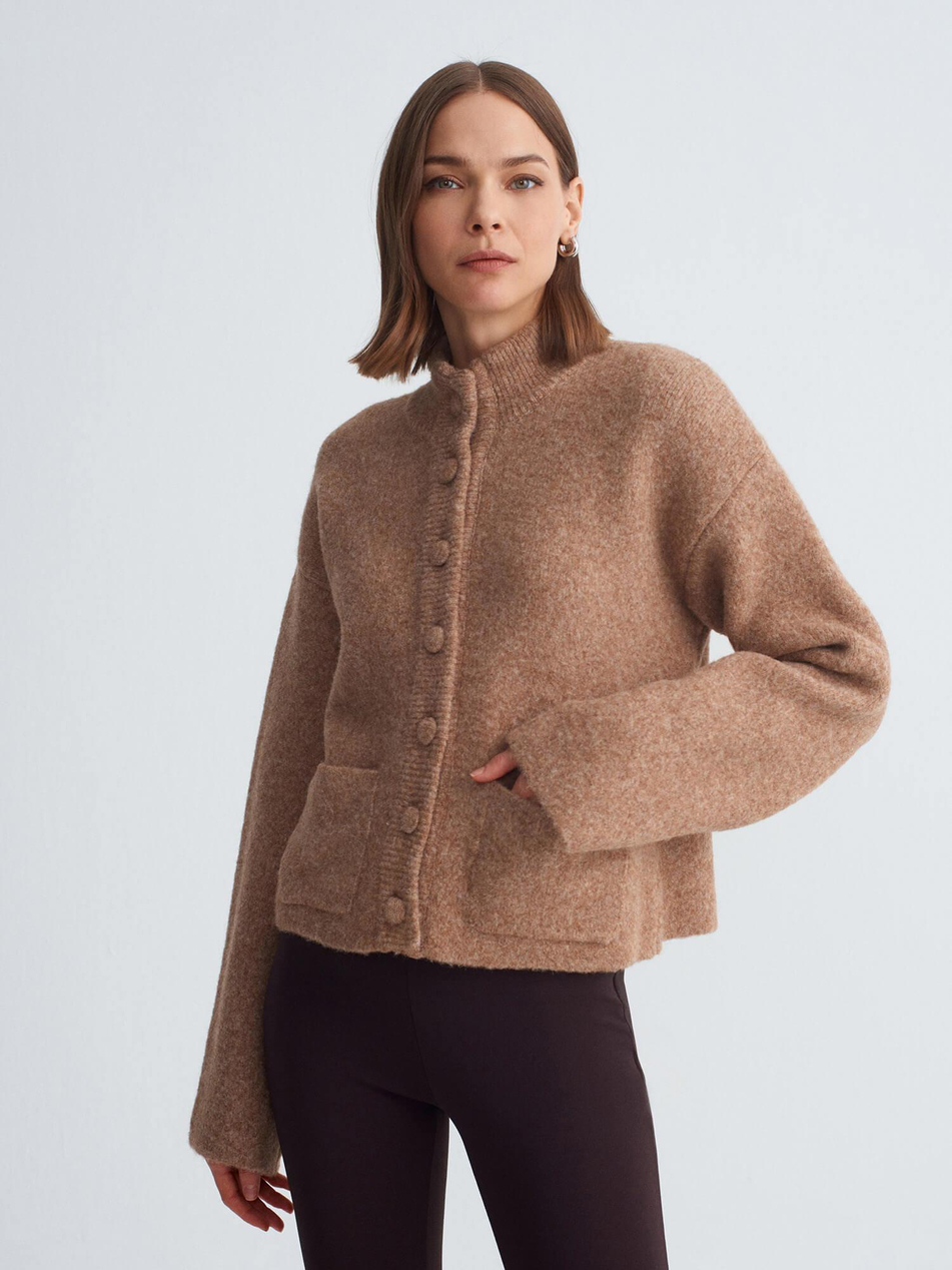 Dik Yaka Düğmeli Hırka 60995 Koyu BejCoral