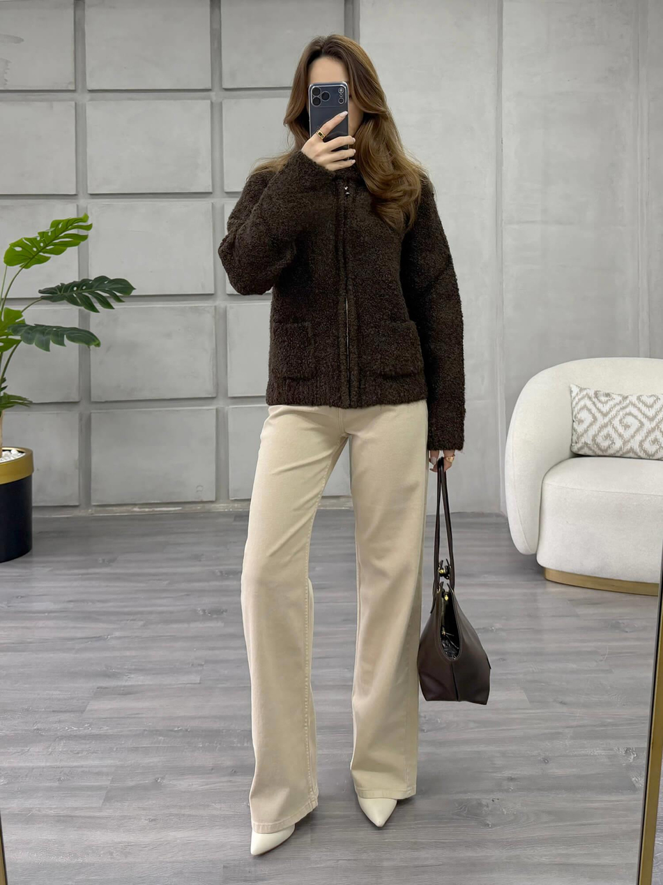 Dik Yaka Fermuarlı Peluş Hırka 3184 KahveCoral