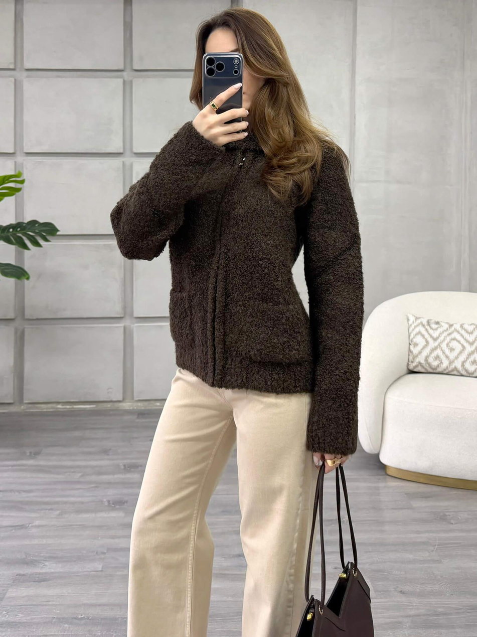 Dik Yaka Fermuarlı Peluş Hırka 3184 KahveCoral