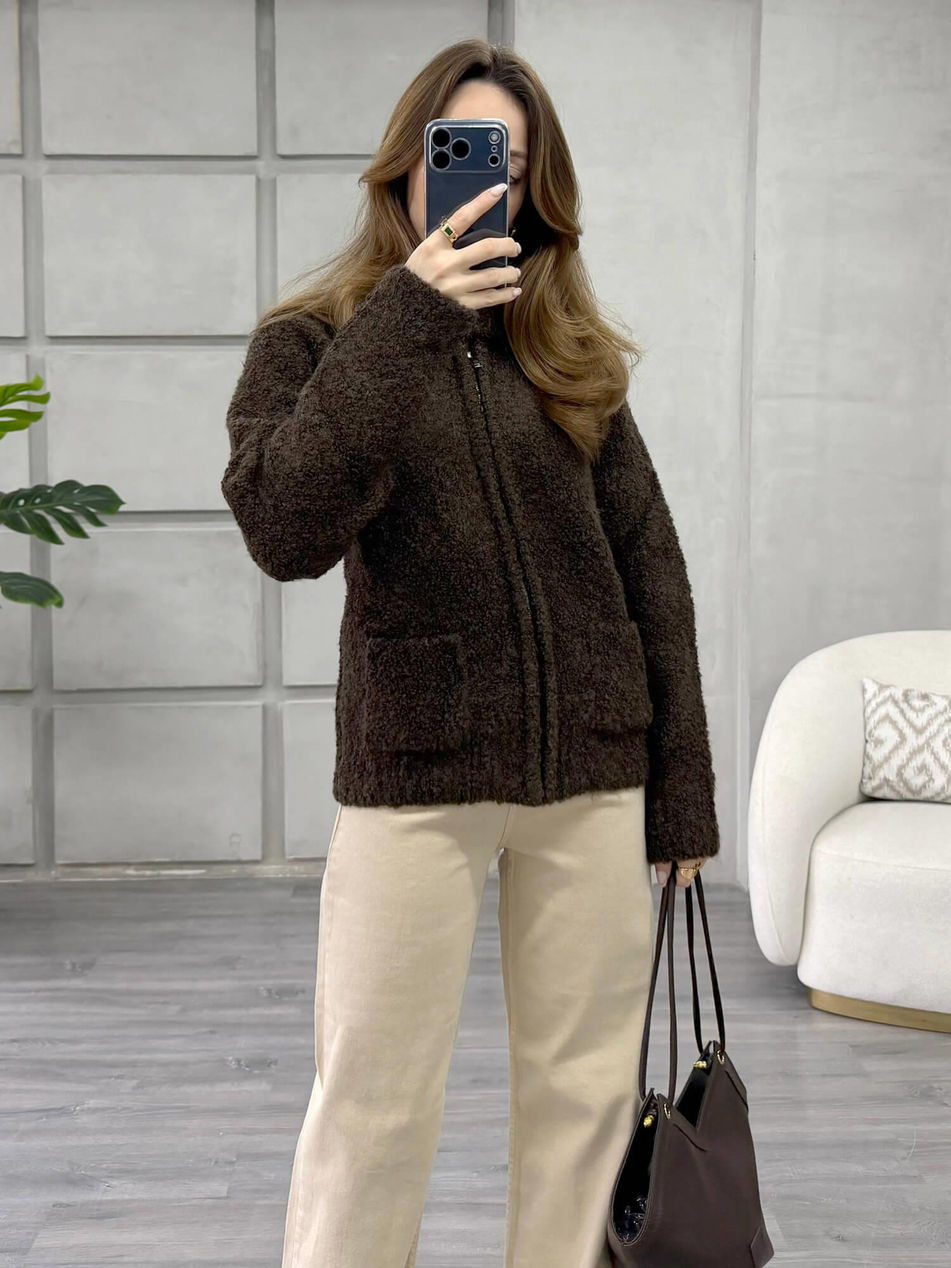 Dik Yaka Fermuarlı Peluş Hırka 3184 KahveCoral