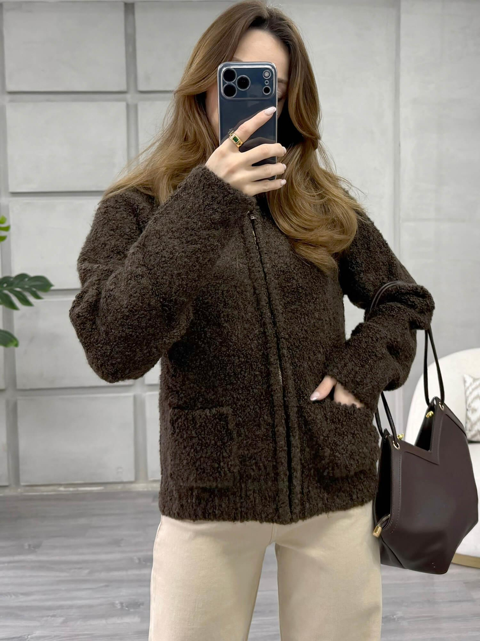 Dik Yaka Fermuarlı Peluş Hırka 3184 KahveCoral