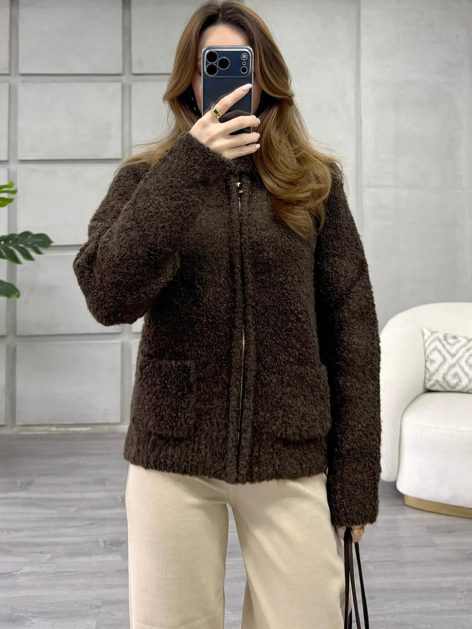Dik Yaka Fermuarlı Peluş Hırka 3184 KahveCoral