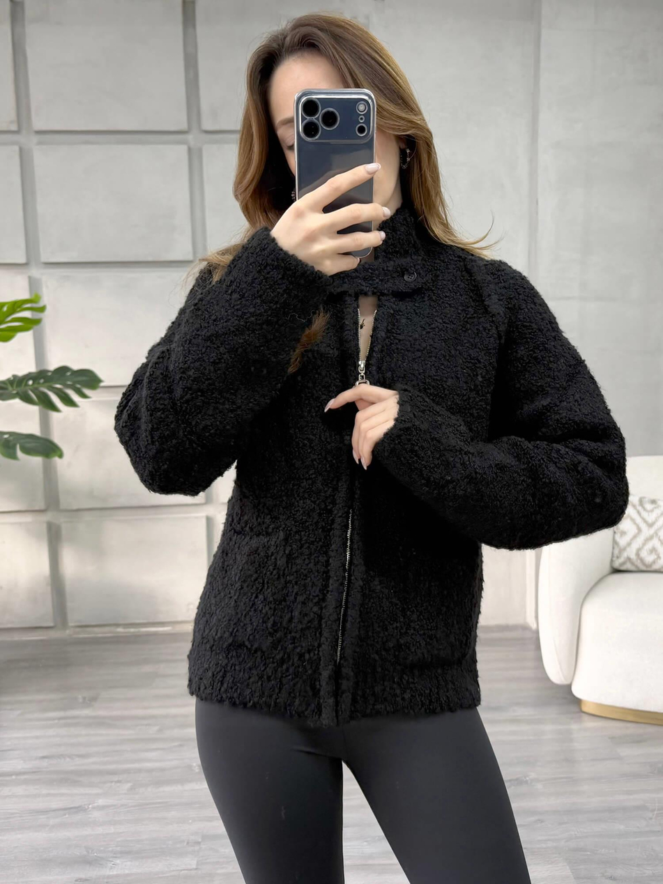 Dik Yaka Fermuarlı Peluş Hırka 3184 SiyahCoral