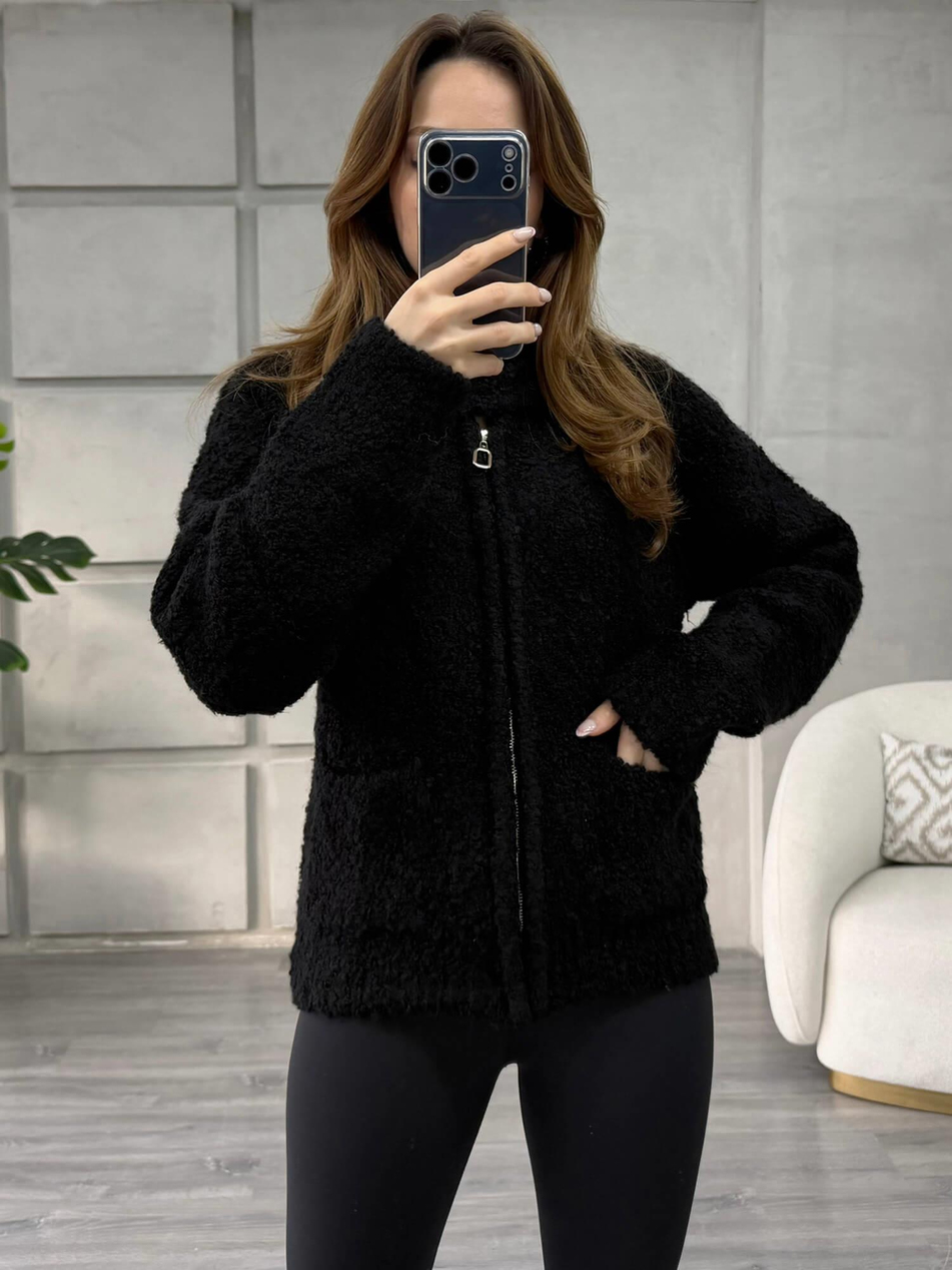 Dik Yaka Fermuarlı Peluş Hırka 3184 SiyahCoral