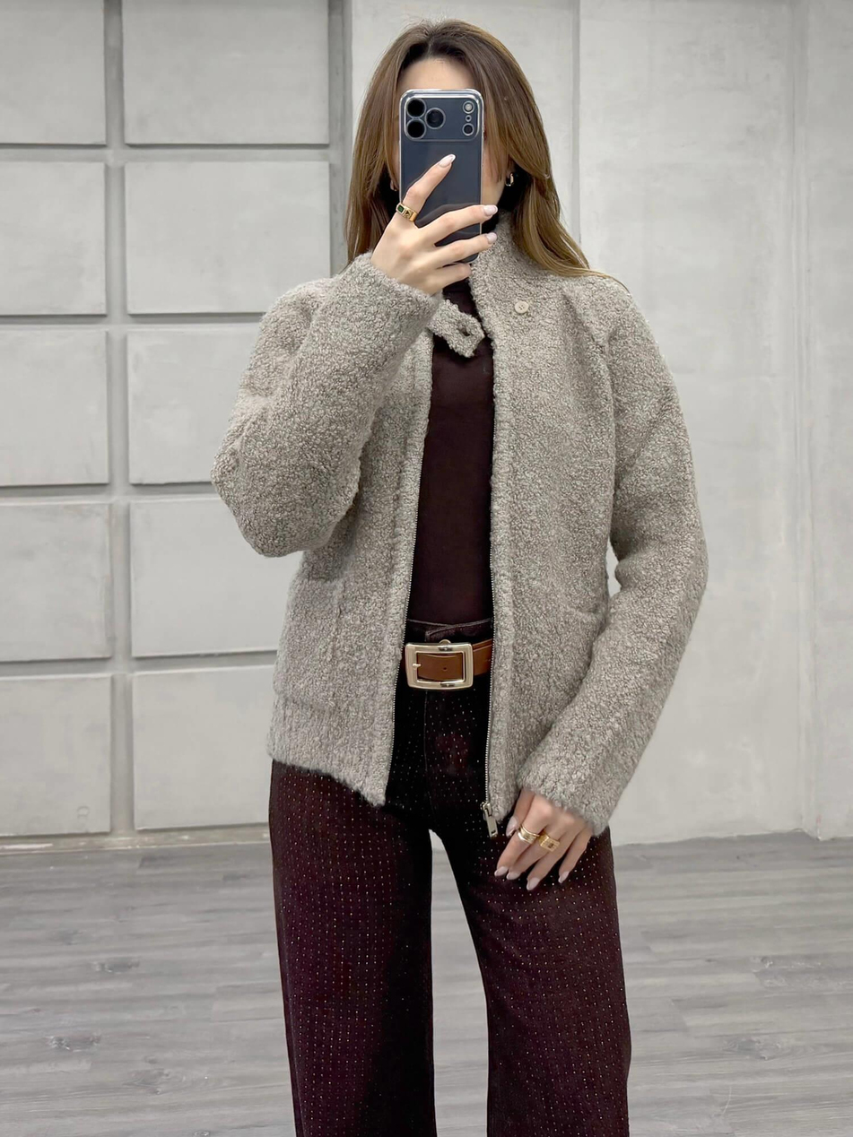 Dik Yaka Fermuarlı Peluş Hırka 3184 VizonCoral