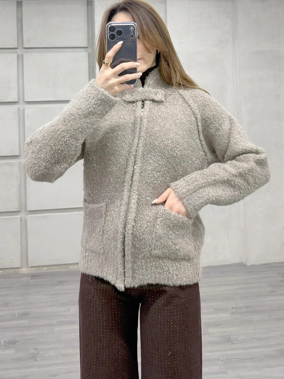 Dik Yaka Fermuarlı Peluş Hırka 3184 VizonCoral