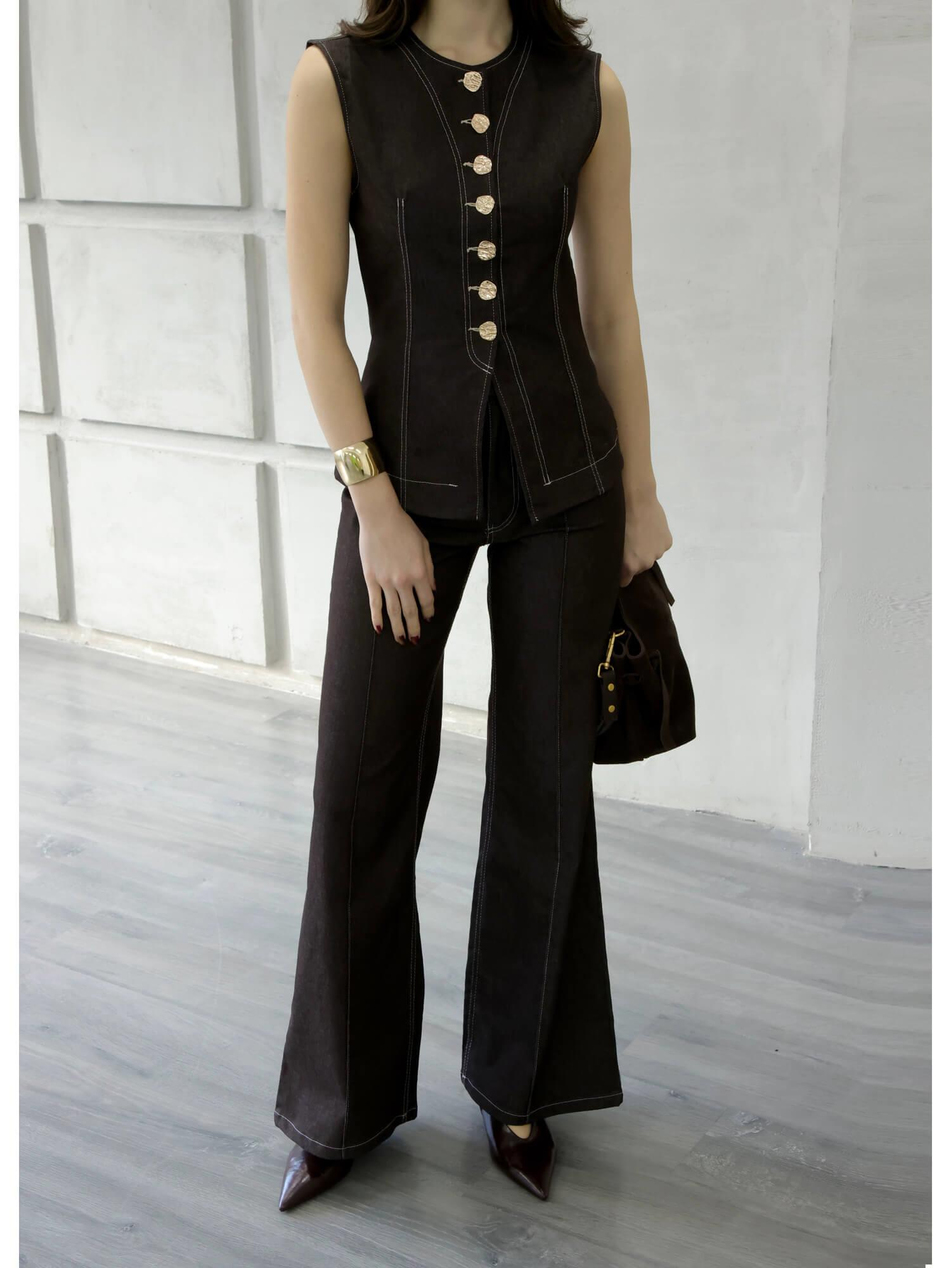 Dikiş Detaylı Çımalı Pantolon 18054 KahveCoral