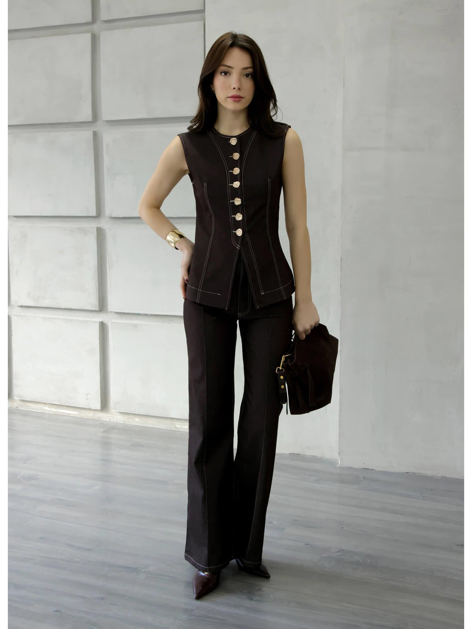 Dikiş Detaylı Çımalı Pantolon 18054 KahveCoral