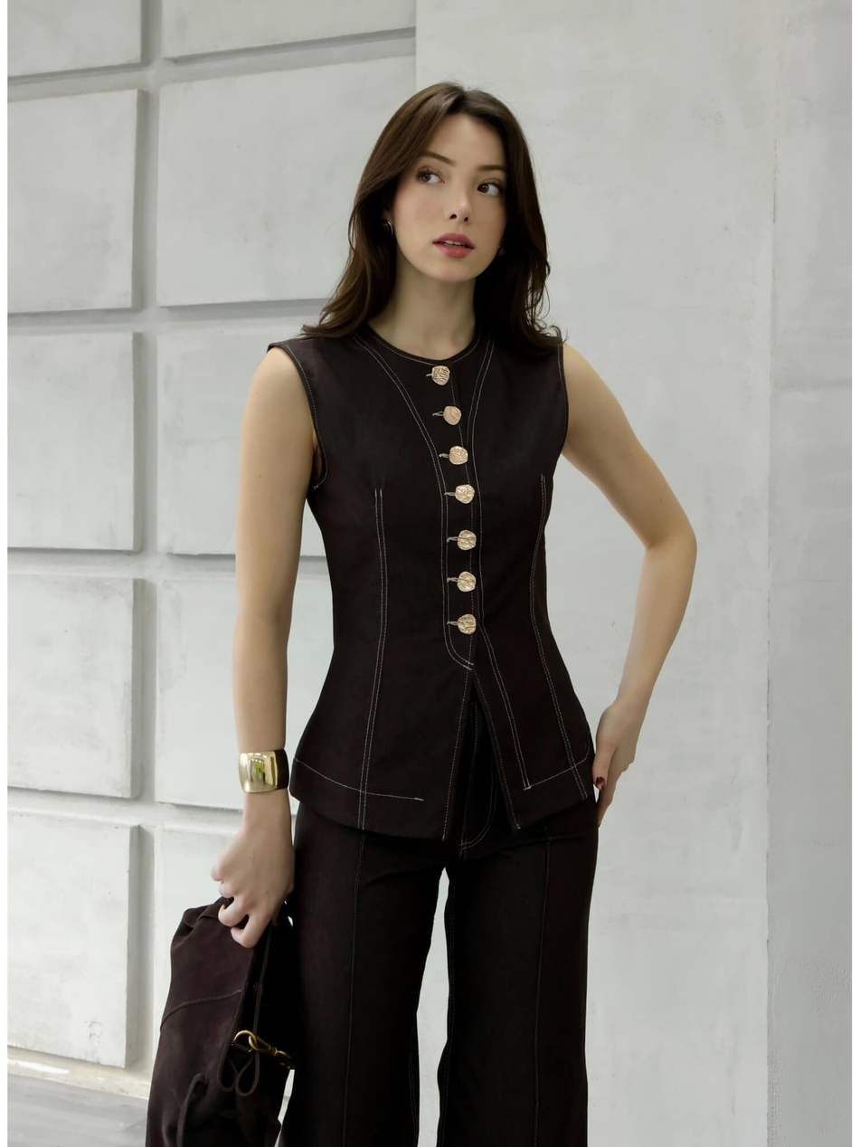 Dikiş Detaylı Yelek 18053 KahveCoral