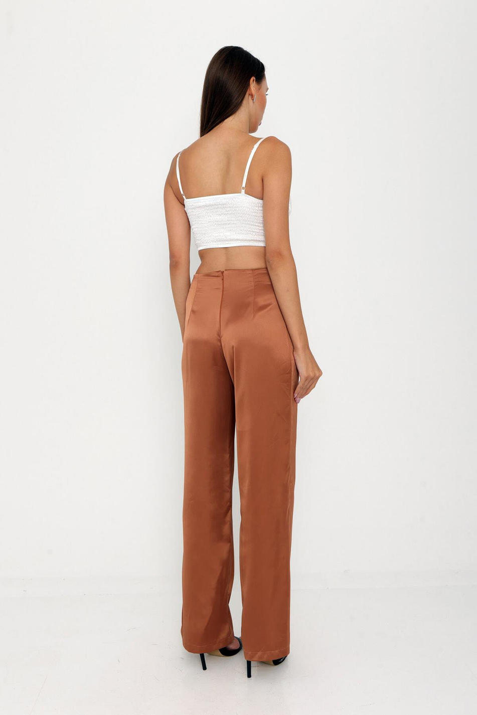 Düğme Detaylı Saten Pantolon Taba-Coral