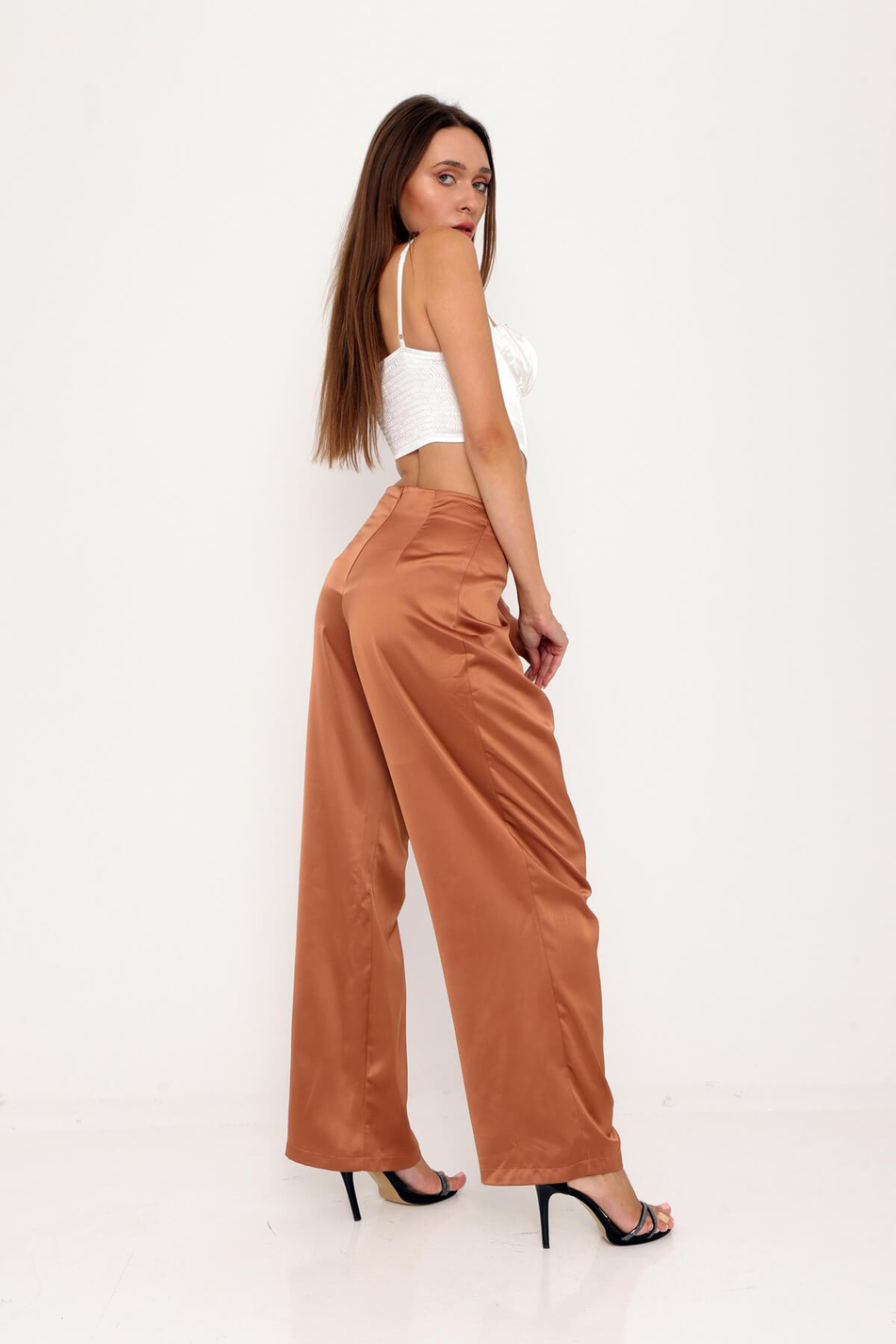 Düğme Detaylı Saten Pantolon Taba-Coral