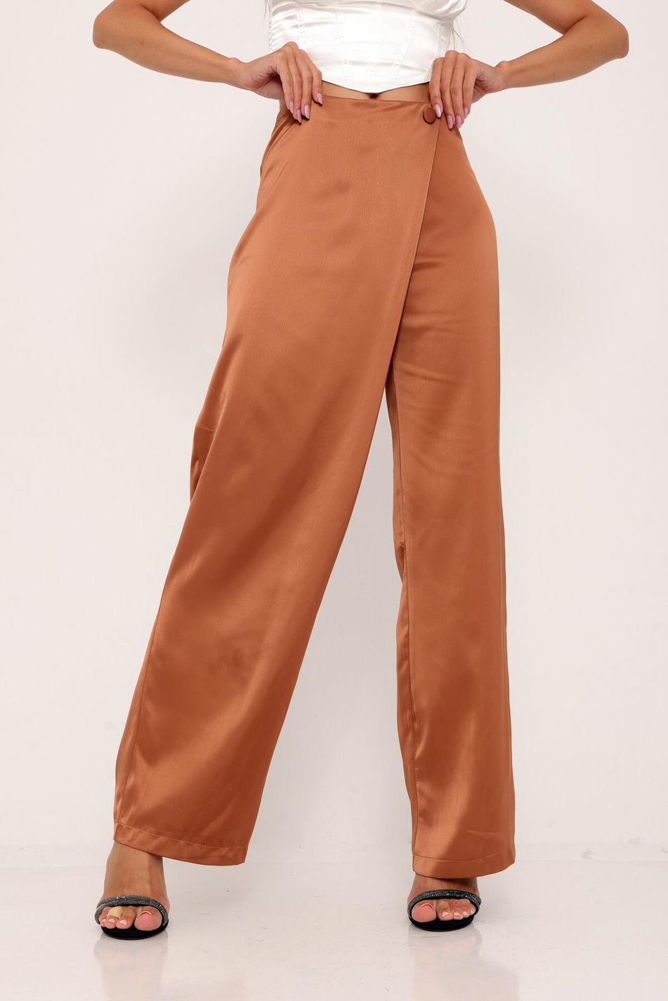Düğme Detaylı Saten Pantolon Taba-Coral