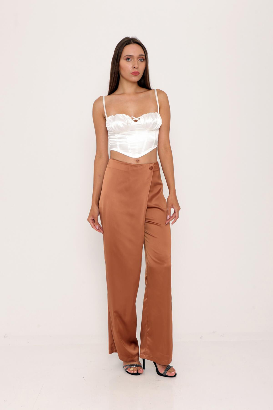 Düğme Detaylı Saten Pantolon Taba-Coral