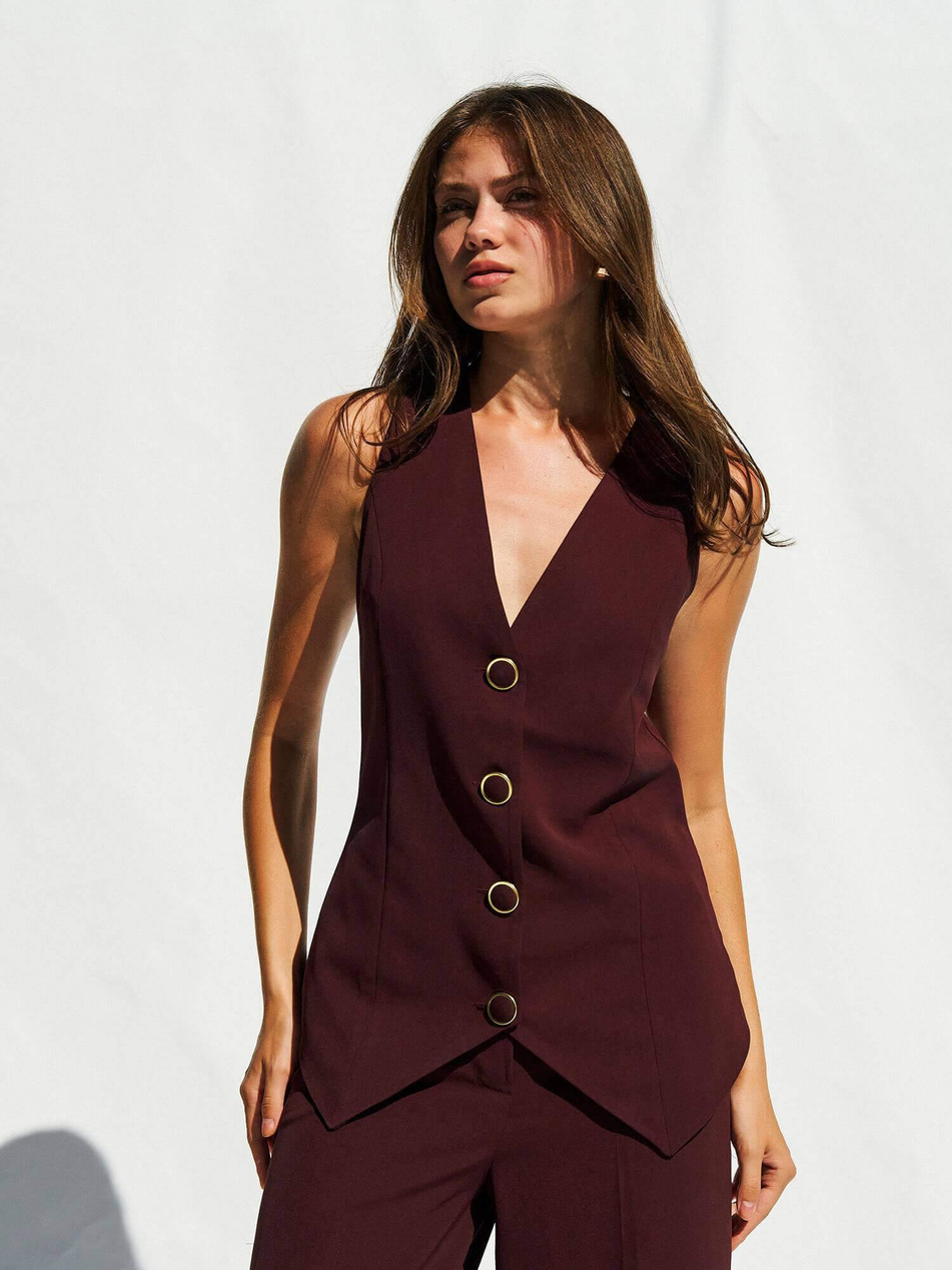 Düğmeli V Yaka Yelek 120689 BordoCoral